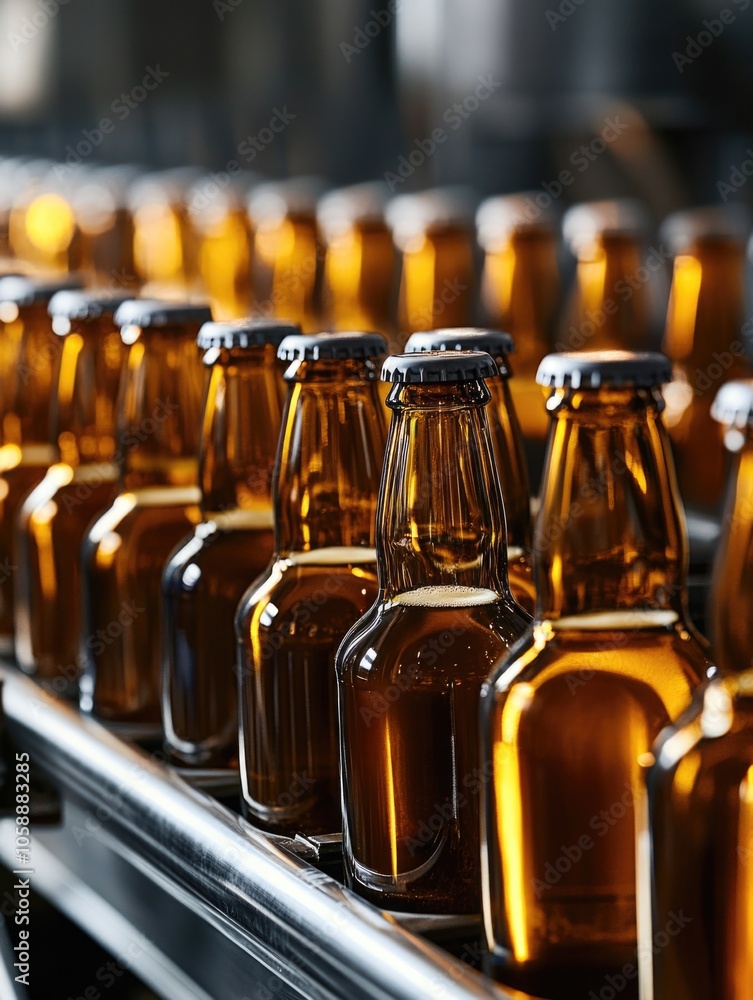 Poster this image depicts a large assembly line of glass beer bottles being processed. the focus is on the 