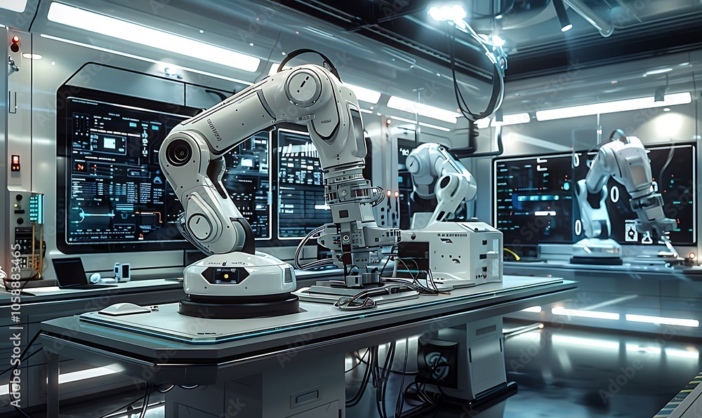 Poster A futuristic robotic workspace featuring advanced robotic arms and digital screens, showcasing technology and automation in a sleek environment.
