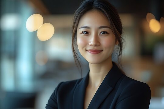 Young Businesswoman in Black Suit, Warm Light Portrait, Office Background