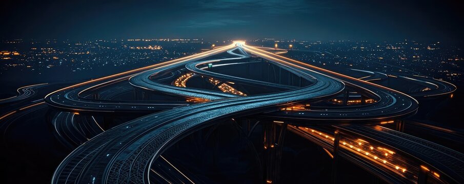 Aerial view of illuminated highway interchange at night. - Powered by Adobe