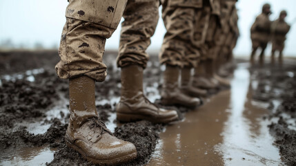 Line of soldiers standing in muddy terrain wearing camouflage pants and muddy boots during training exercise on a rainy day.