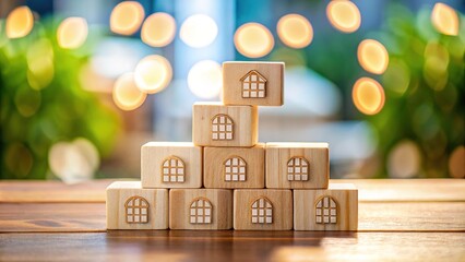 **Business Growth & Franchise Expansion: Stacking Wooden Blocks with Store Icons**