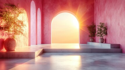 Minimalist Pink Room with Archway and Sunset