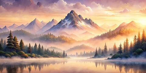 Obraz premium Serene Watercolor Landscape of Dawn Mountains in Pink and Gold Hues
