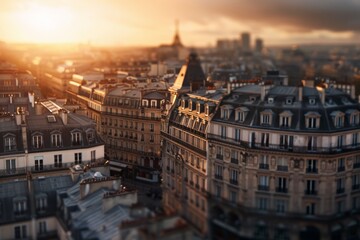 Fototapeta premium Paris rooftops bask in the warm glow of a sunset, capturing the city's charm and providing a stunning view of classic architecture and distant landmarks.