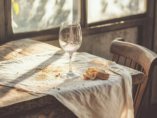 Empty Scratched Glass and Food Leftovers on Wooden Table with Linen Cloth