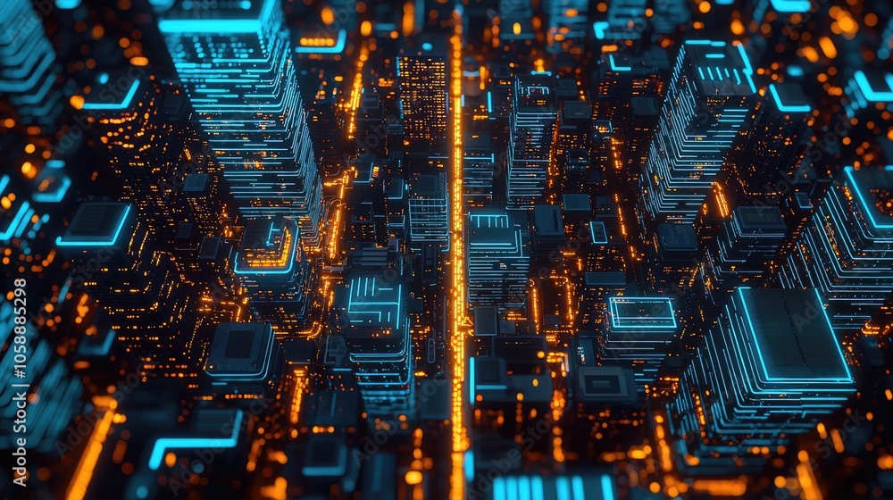 Poster futuristic cityscape with glowing buildings and data flow, abstract digital skyline.