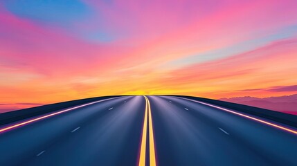 Naklejka premium Vibrant sunset over an empty highway, colorful sky, serene landscape.