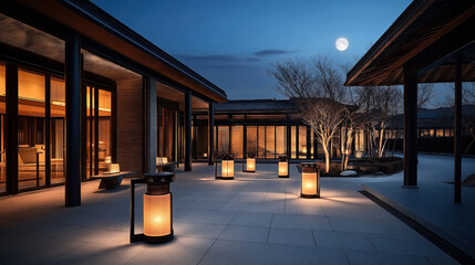 Fototapeta premium Modern outdoor courtyard at night, featuring illuminated lanterns, a full moon, and minimalist architecture with glass walls and clean lines.