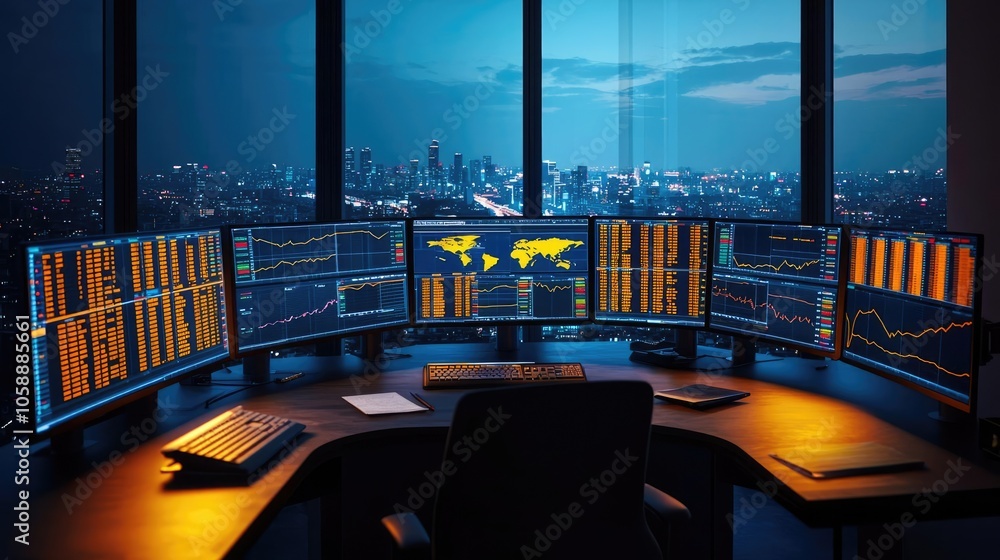 Poster High-tech trading room with multiple screens displaying financial data.