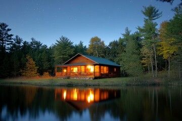Fototapeta premium Serene Lakeside Cabin Under Starry Sky