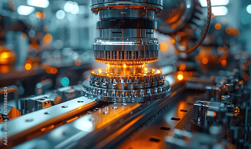 Poster A close-up of a high-tech industrial machine component illuminated with soft orange lights, showcasing intricate details and precision engineering.