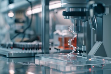 Fototapeta premium A microscope peers into the molecular world, focusing on a DNA strand glowing in soft laboratory lights amidst a backdrop of scientific tools.