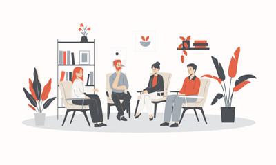 Vector illustration of a group therapy session. Diverse people at a support group meeting with a psychologist, sharing problems. Concept of community, empathy, and professional mental healthcare