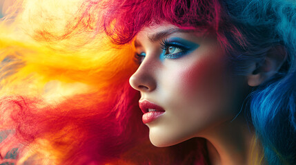 Beautiful woman in a colorful wig ai generative
