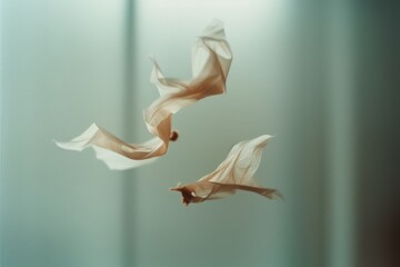 Obraz premium Wispy, delicate fabric figures gracefully twist and turn in midair, evoking a sense of freedom and ethereal beauty against a soft backdrop.