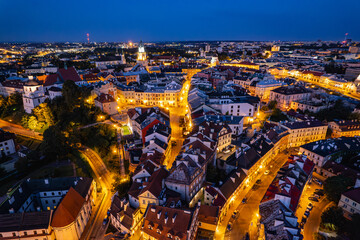 Lublin old town at night, drone photo. Lublin, Poland 4.08.2024 © Pawel 
