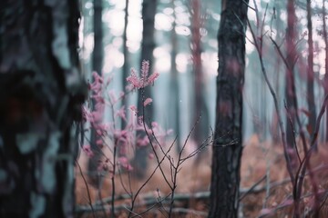 Delicate pink blossoms are framed by tall trees in a tranquil forest, evoking a serene and slightly mystical atmosphere.