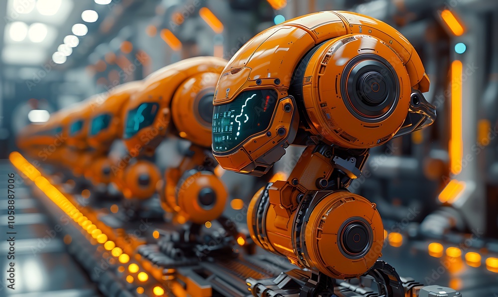 Poster a futuristic factory scene featuring multiple robotic arms with orange and black designs, showcasing