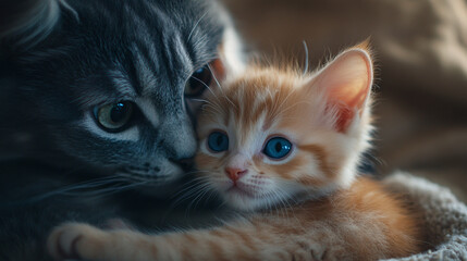 Fototapeta premium The love and bond between a mother cat and her kitten.