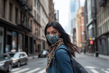 Obraz premium Young woman walking in a city street wearing a mask