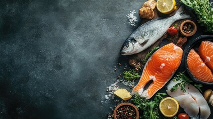 A variety of fresh fish and seafood displayed beautifully, emphasizing the freshness and quality. The image captures an assortment of fresh fish and seafood with ample copy space.