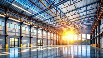 Spacious Modern Warehouse Interior with High Ceilings, Industrial Design, Natural Light, and Open Space for Creative Use, Featuring Steel Beams, Concrete Floors, and Minimalistic Decor