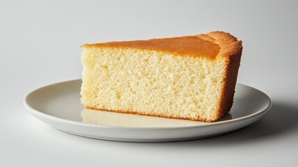 Delicious slice of plain sponge cake on white plate for dessert lovers