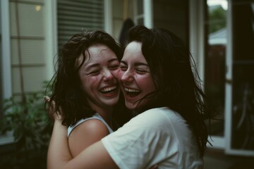 Two joyful friends share a heartfelt hug, their laughter creating an infectious sense of happiness and camaraderie in a casual outdoor setting.