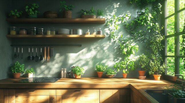 modern rustic kitchen filled with lush green plants and organized cooking utensils, creating a fresh and inviting culinary space that promotes a cozy, organic lifestyle, accented by natural light