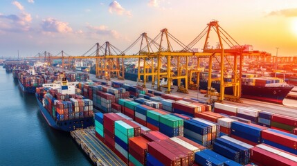 Fototapeta premium Aerial View of Nighttime Busy Container Port