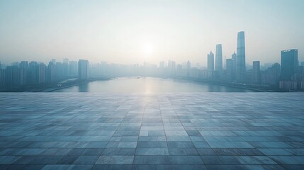 Urban Skyline with Central City View Featuring Pathway and Parking Area for Automotive Advertising