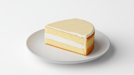 Slice of vanilla sponge cake with cream filling on a white plate