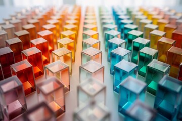 Obraz premium Rows of vibrant, translucent blocks reflect light, creating a visually stunning cascade of rainbow hues.