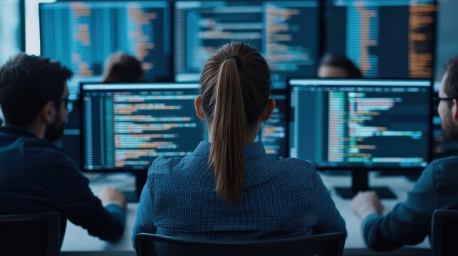 A group of programmers collaborates at desks with multiple monitors displaying code, emphasizing teamwork in software development.