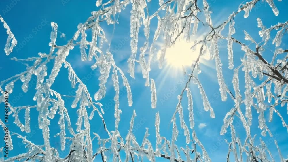 Poster tree branches covered in ice with sun shining in blue sky.