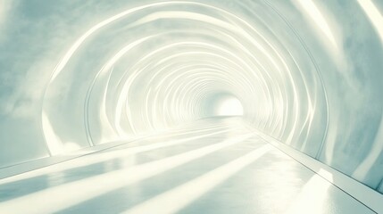 A long and brightly lit tunnel with multiple round light fixtures on the ceiling, leading to a vanishing point.