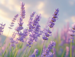 Obraz premium Vibrant purple lavender flowers at dawn, with a soft sunrise in the background. Calm and picturesque landscape for leisurely walks.