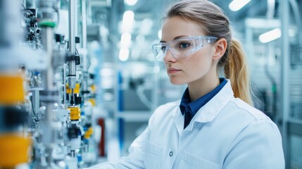 A scientist in a lab coat examines machinery with precision, showcasing her involvement in research and technological development.