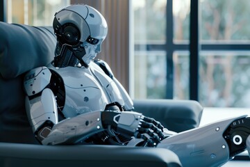 Robotic man sitting on a couch, looking down and resting. The scene is set in a modern living room with advanced technology.