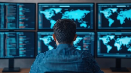 A person analyzes data on multiple screens displaying world maps and code in a high-tech environment.