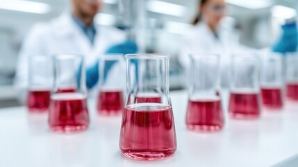 A laboratory scene with flasks containing pink liquid, highlighting scientific research and experimentation.