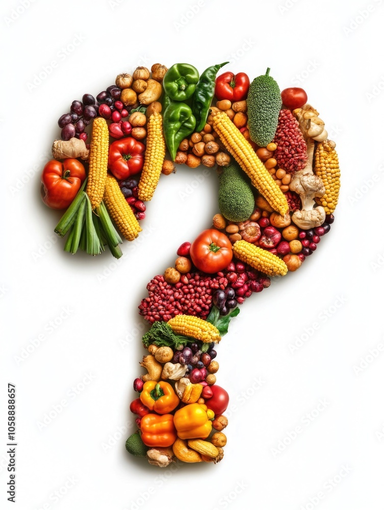 Poster image of a question mark composed from various types of vegetables, representing curiosity about nut