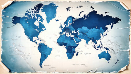 青の色合いが広がる世界地図がグローバルなイメージを引き立てる背景。生成AI