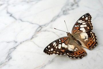 Obraz premium Elegant butterfly resting on a white marble surface, flower, sophisticated atmosphere, luxurious, elegant butterfly