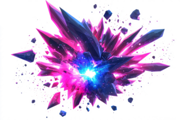 Cosmic explosion with glowing pink and blue fractal debris, low poly on a white background