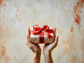 Hands Holding a White Gift Box with Red Ribbon on Beige Background