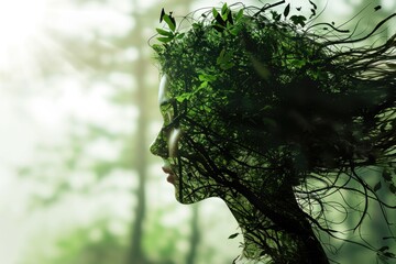 A woman with a forest-like hair and body, symbolizing the blend of humanity and nature. She represents environmental consciousness and is set in a serene wooded area.