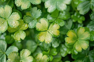 Green plants with white water drops on leaves. Clover and shamrock motif in the forefront.