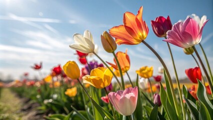 Obraz premium A close-up of colorful tulips swaying gently in the breeze on a sunny spring day, blooming flowers, garden, garden decoration, sunshine
